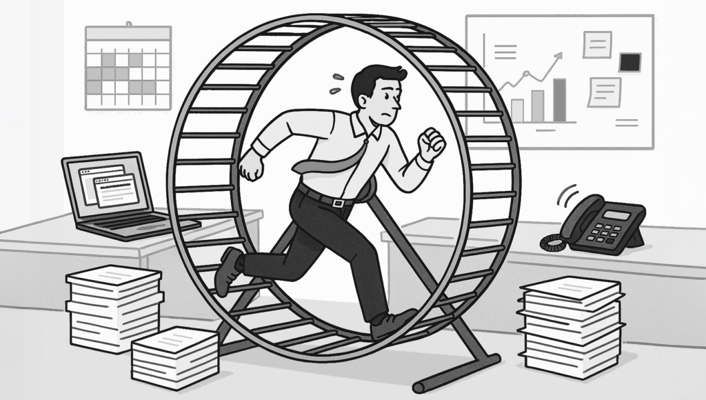 Fake Work – wenn alle beschäftigt sind, aber niemand weiß warum 1 Illustration Mann im Hamsterrad im Büro – Fake Work ohne Wertschöpfung und Produktivitätsverlust Mittelstand neumacher Unternehmensberatung