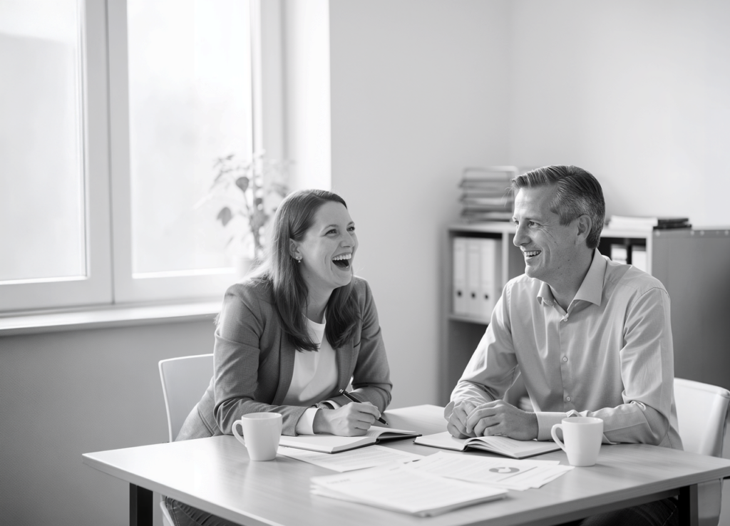 Zwei Kollegen lachen als Symbol für Humor im Arbeitsalltag - Unternehmensberatung neumacher
